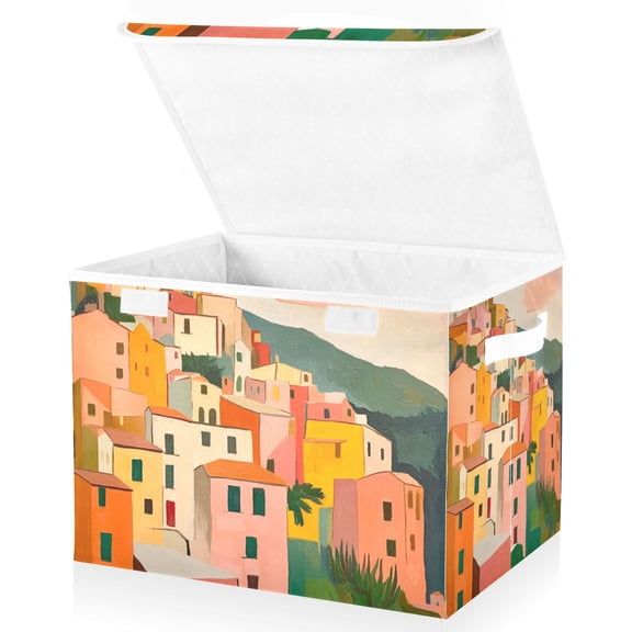 Yayeee Collapsible Cube Storage Bin with Lid Fabric Closet Decorative Basket with Handles, Pink Cityscape Painting