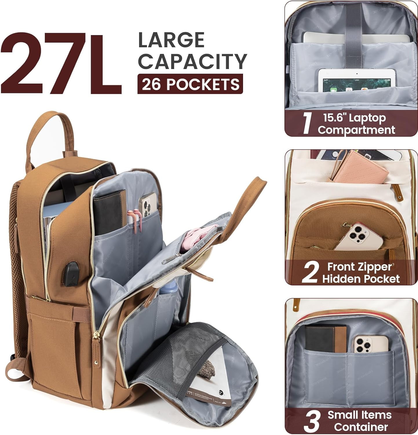 Lovevook Backpack Purses for Women, 15.6 Inch Laptop Backpack College Computer Bag, Multi-Functional Travel Work Bag Teacher Nurse Bag with USB Charging Port