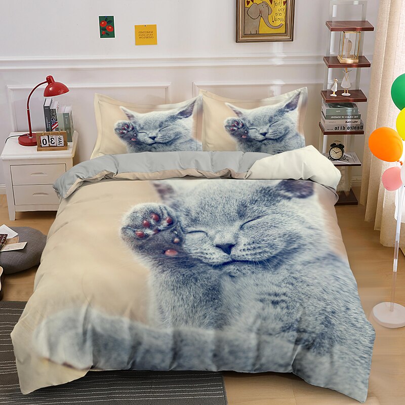 Lying Cat Bedding Set Soft Fabric Cute Duvet Cover Kitten King Twin
