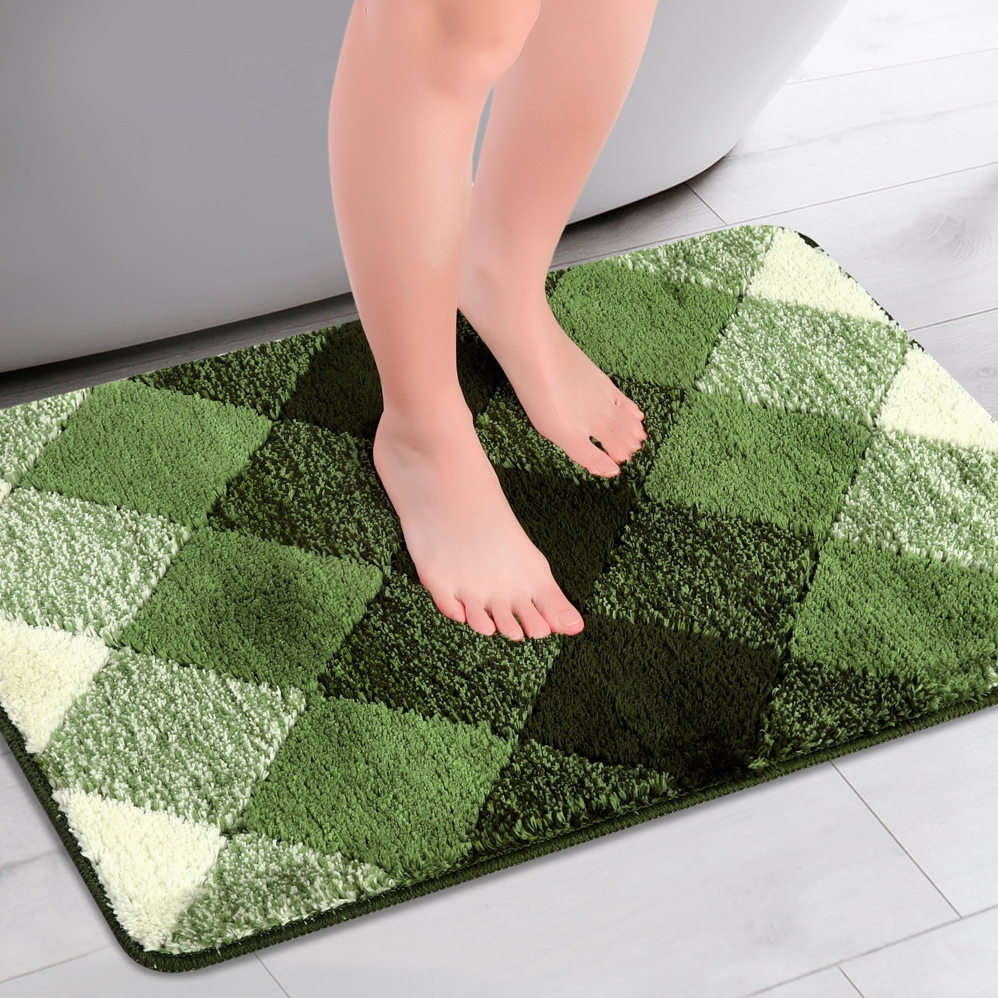 Unique Bargains Geometric Pattern Bathroom Rug Mat Soft Absorbent Bath Mat Non-Slip Carpet Green 16" x 24"