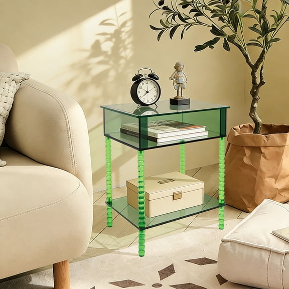 Acrylic Side Table, 40*30*50cm End Table with Storage, Nightstand for Living Room Bedroom Grass-Green