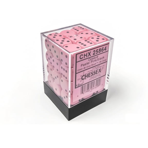 Chessex: Opaque Pastel Pink/Black 12mm d6 Dice Block (36 Dice)