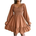 thumbnail image 1 of Women's Smocked Ruffle Mini Dress Square Neck Puff Long Sleeve Fall Dresses Casual Flowy Cute A Line Boho Mini Dress, 1 of 6