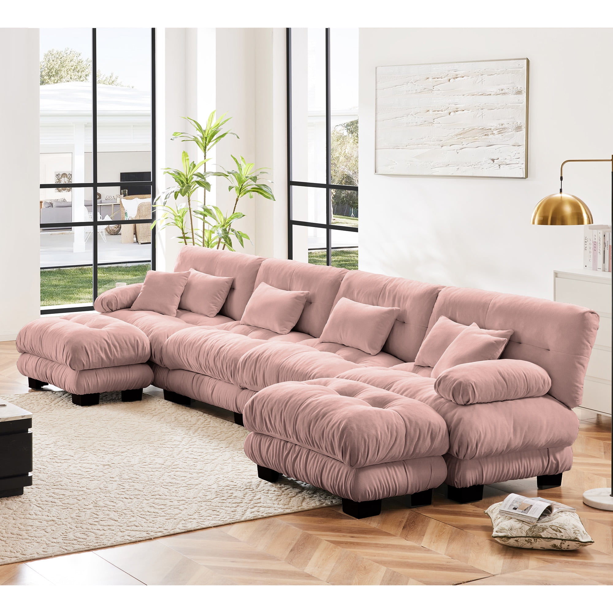 Gewnee Luxury 173.2" Modular U Shaped Sectional Sofa, Oversized Deep Seat Chenille Cloud Couch with 2 Movable Ottomans, Lumbar Pillows & Throw Pillows, Upholstered Sofa for Living Room, Pink