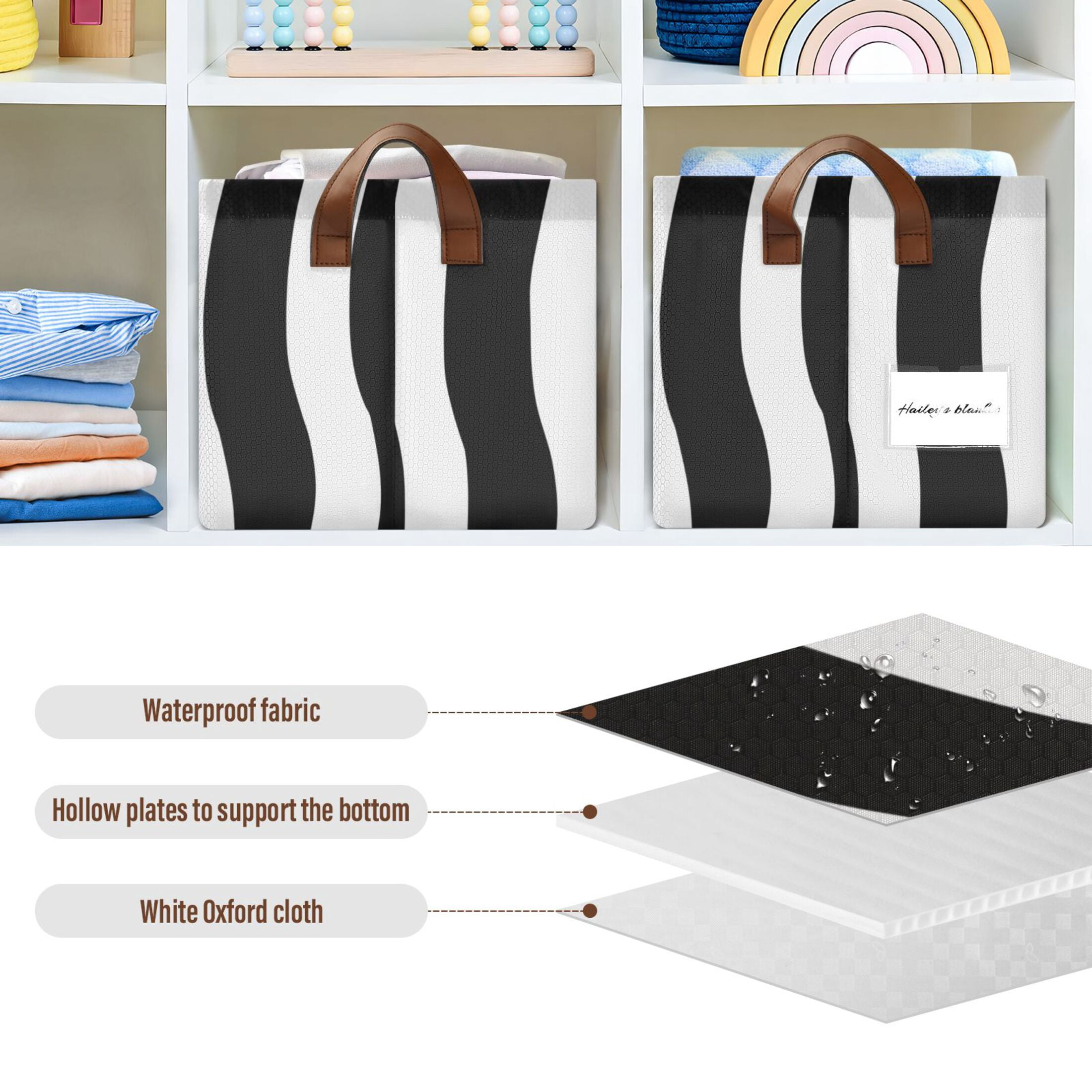 Ryvnso White with Black Line Stripe Storage Bins Large Basket Foldable Cube Toys Organizer with Handles 2 PCs