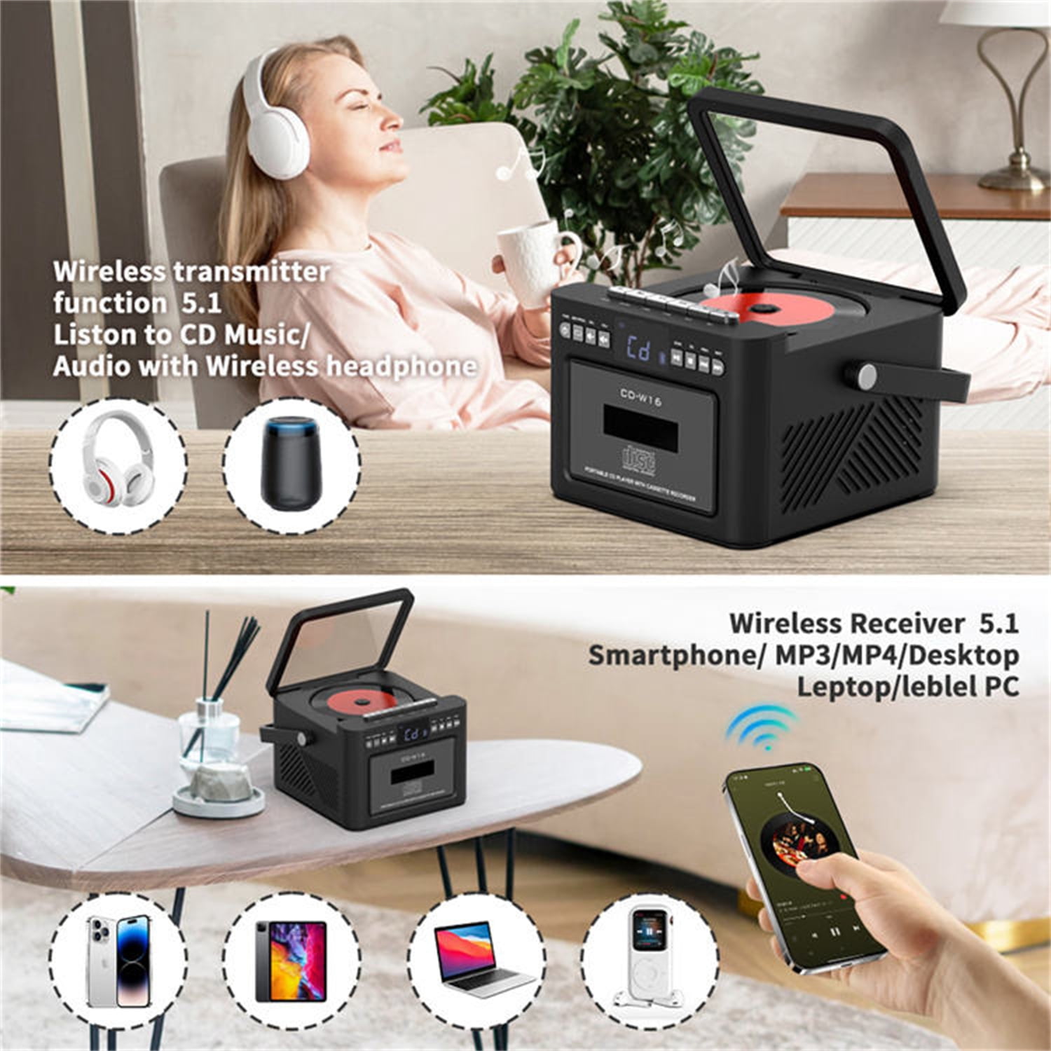 Jazmm 5000mAh Rechargeable CD Player Boombox Cassette Player Combo with Bluetooth, Speakers, Remote, FM, Music