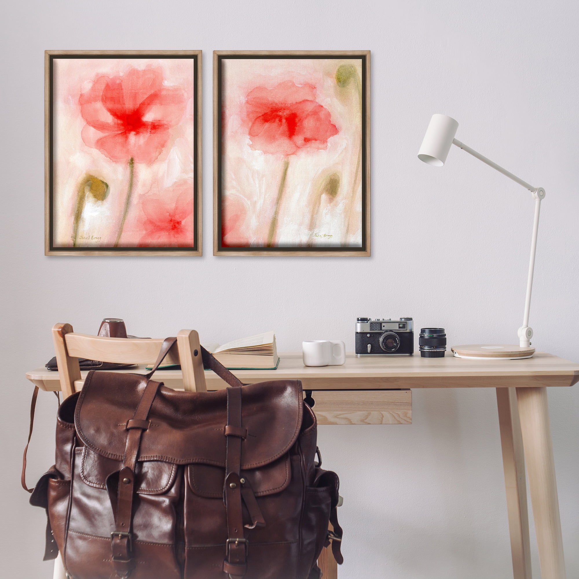 Stupell Industries Beautiful Coral Poppy Blossom Plants & Flowers Painting Brown Floater Framed Canvas Art Print Wall Art, 21 x 31, Set of 2