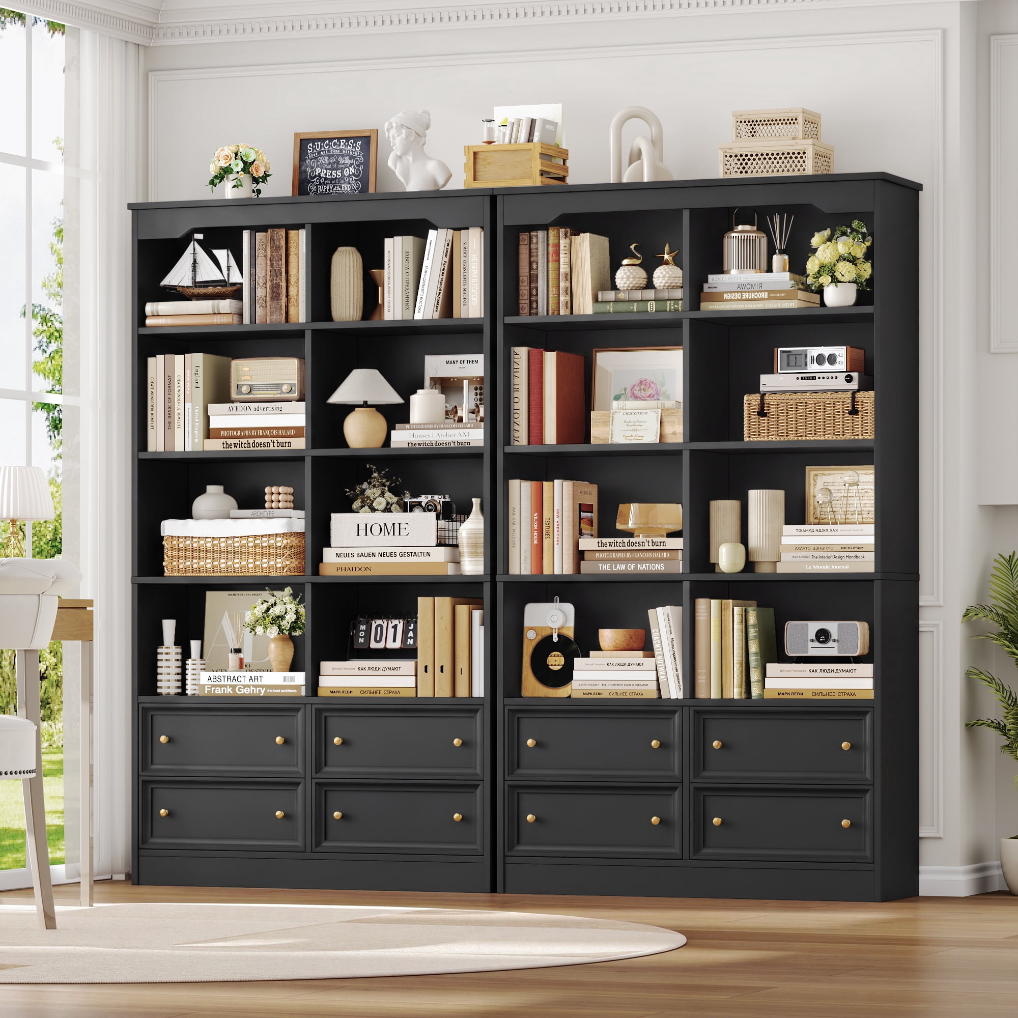 Homfa Double Row 6 Tier Bookcases, 71 in Tall Bookcase Bookshelf with 4 Drawers and 8 Display Cubicles, for Home Office Living Room, Black