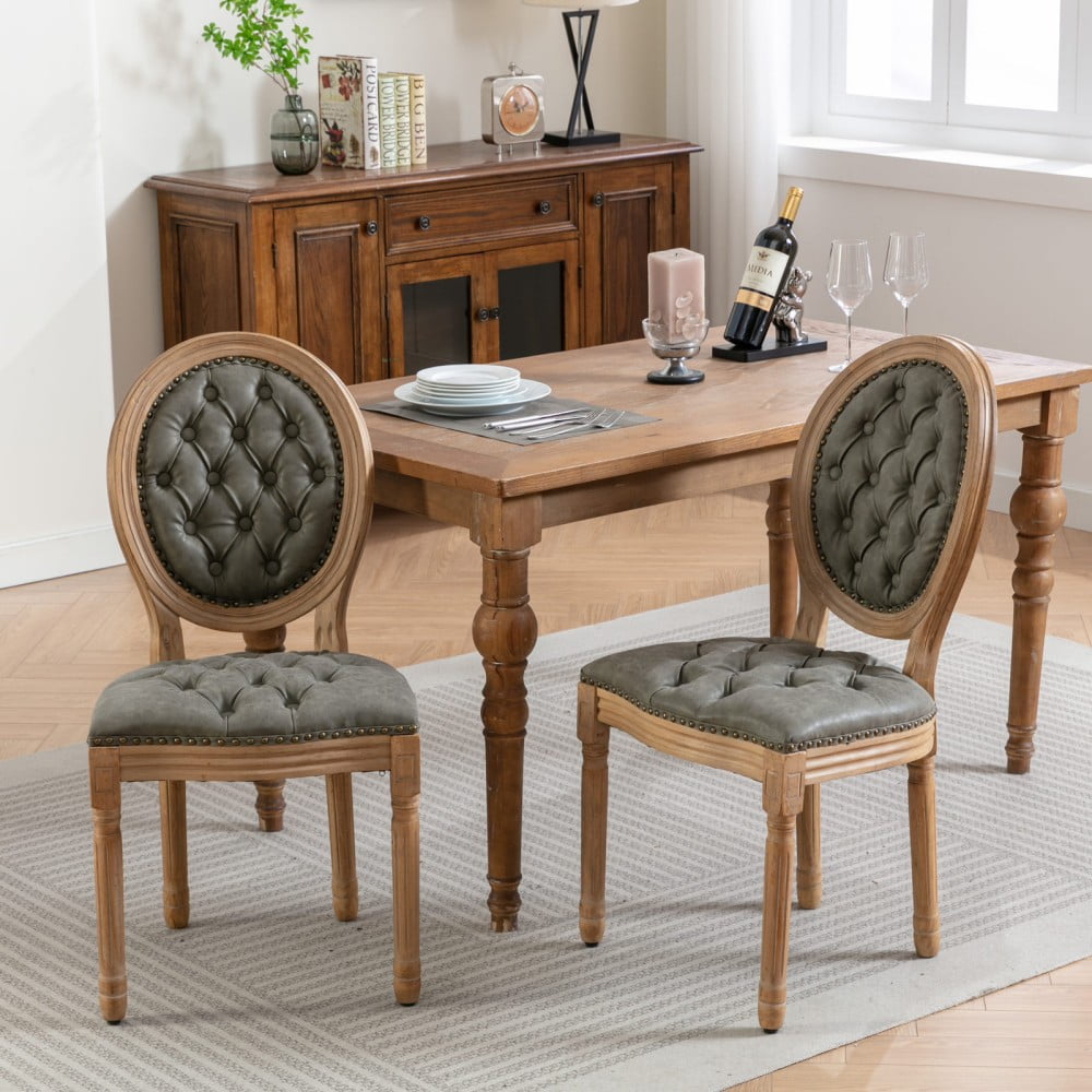 French Style Dining Chairs Set of 2, Solid Wood Upholstered Side Chairs with Tufted PU Leather, Nailhead Trim, Oval Back, Olive Green
