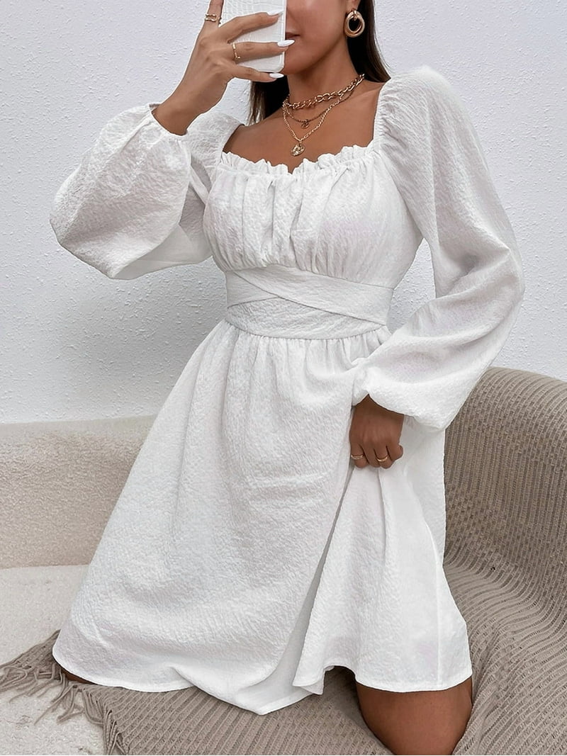 SEARIPE Women's Office Style Long Sleeve Square Neck Ruched High Waist Lace-up  Midi Dress, White, L - Walmart.com