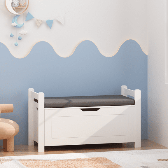 Kids Toy Storage Chest Bench With Cushioned Seat & Safety Hinge Flip‑Top Lid, Large MDF Toy Organizer Trunk For Boys Girls, Ideal For Nursery And Playroom