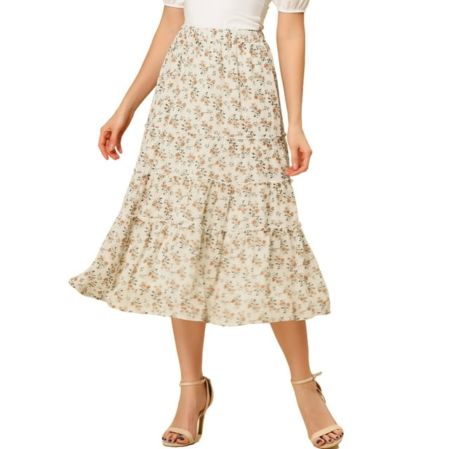 Unique Bargains Jupe Longue à Volants à Étages à Taille Élastique à Imprimé Floral pour Femme, Blanc, Taille P