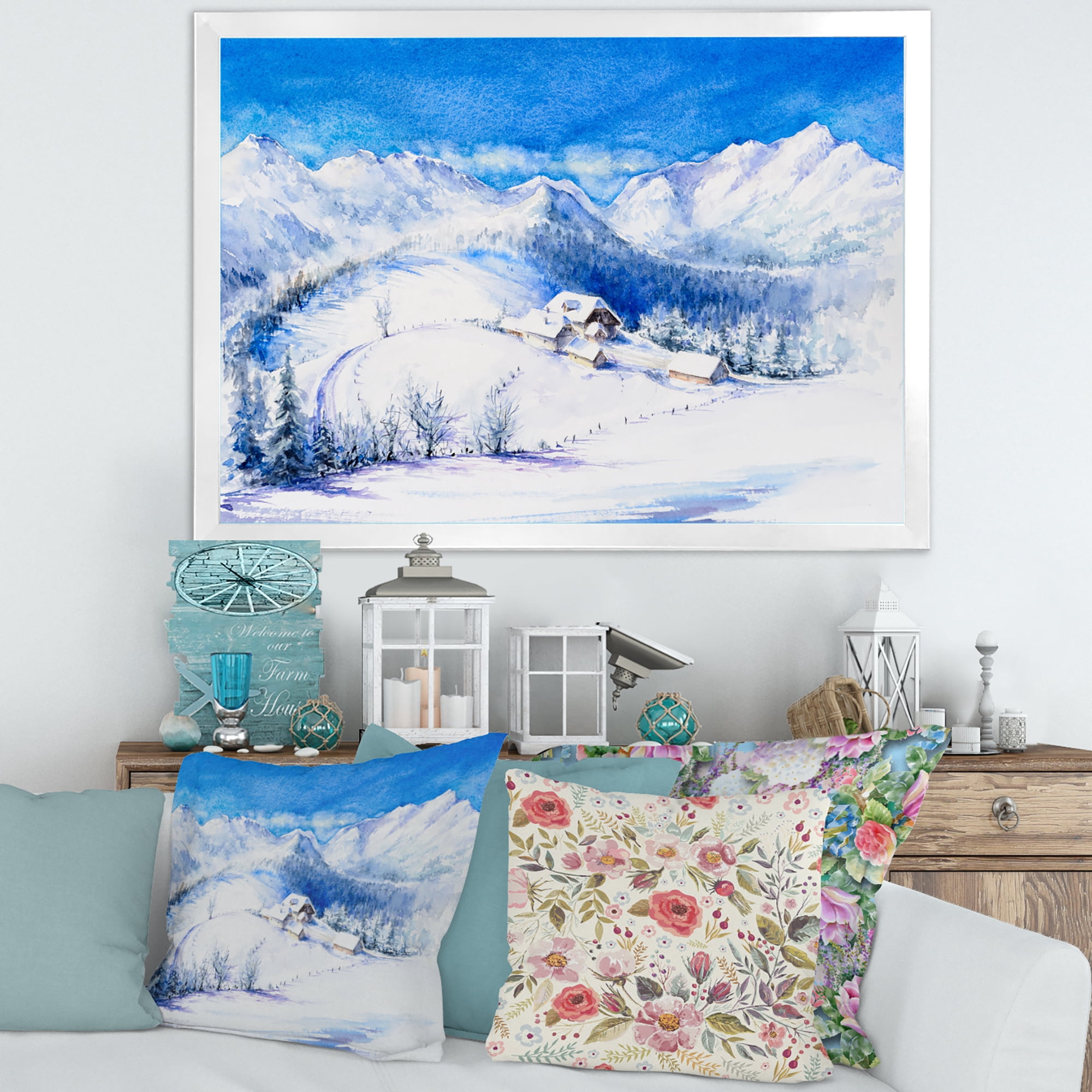 Designart 'Wooden House With Winter Mountain Landscape' Traditional Framed Art Print