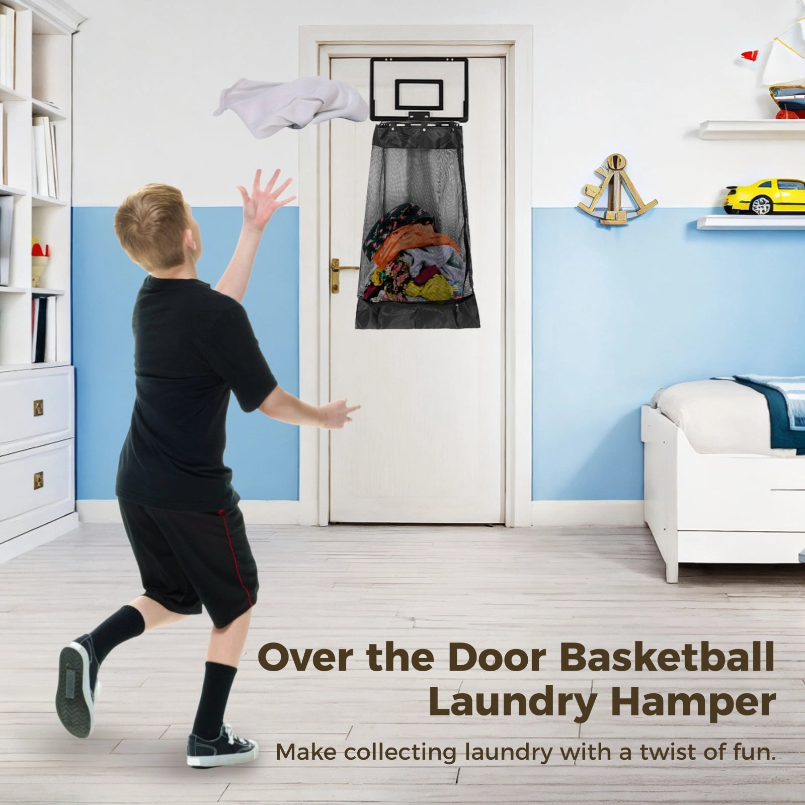 Over the Door Basketball Laundry Hamper, Hanging Laundry Basket with Basketball Hoop & Zipper, Black Net Laundry Bag for Door Hanging, Removable Mesh Bag, Fun and Space-Saving for Families