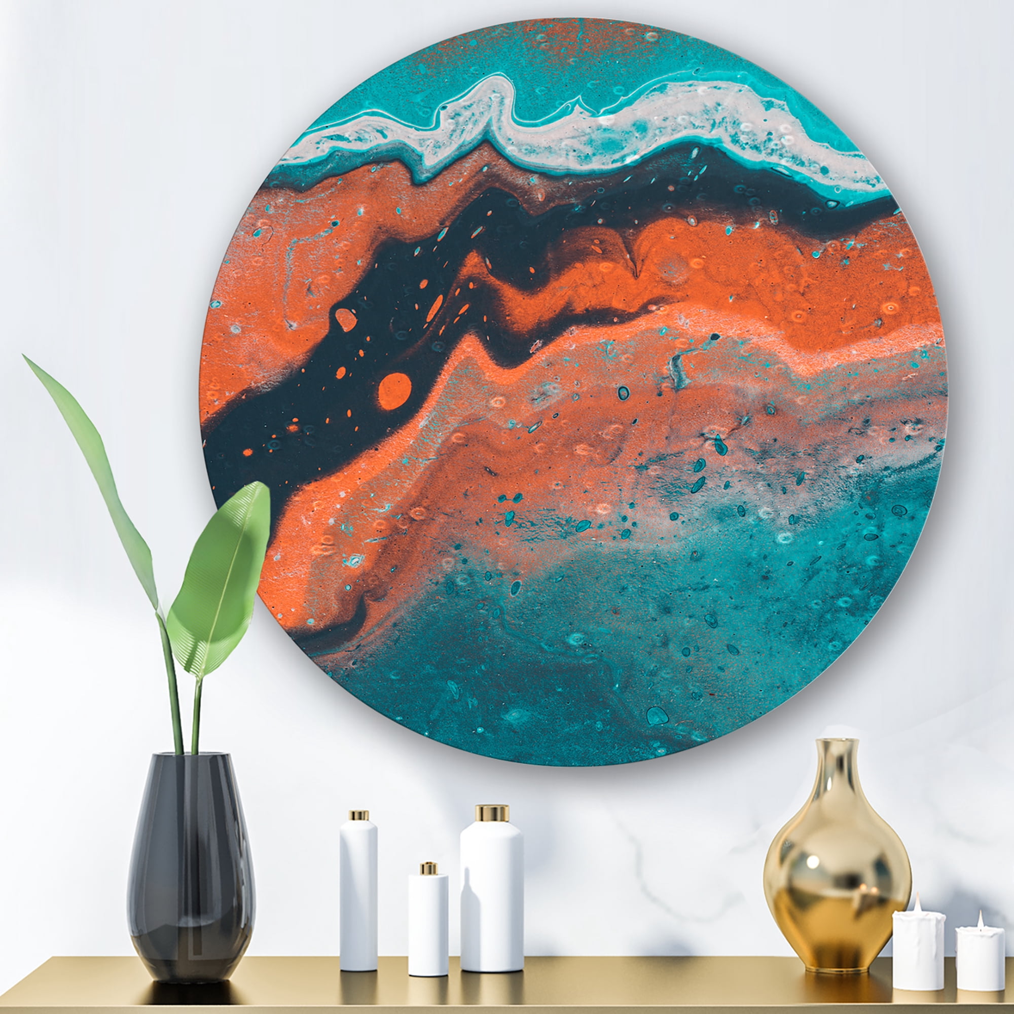 Designart 'Abstract Marble Composition In Orange and Blue VI' Modern Circle Metal Wall Art 11x11 - Disc of 11