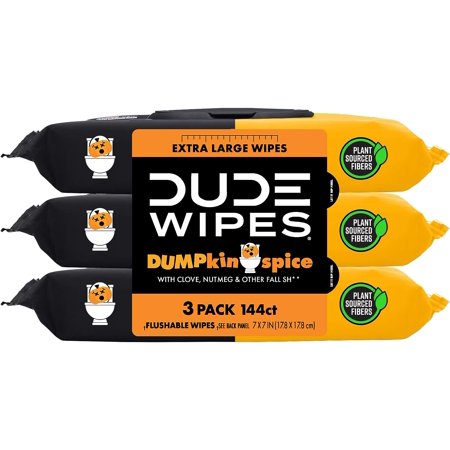 DUDE Wipes Flushable Wipes - DUMPkin Spice Extra Large Wet Wipes with Clove, Nutmeg, and Other Fall Scents - (3 Pack) 144 Wipes - Septic and Sewer Safe Butt Wipes For Adults