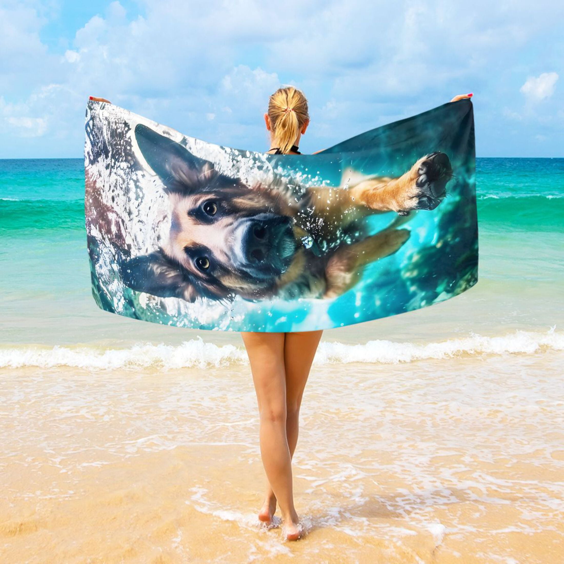 German Shepherd Dog Swimming Underwater Beach Towel Oversized 74"x37" Pool Towels Soft Absorbent Extra Large Quick Drying for Bathroom