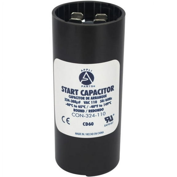 Appli Parts motor start capacitor 324-388 Mfd (microfarads) uF 110-125 VAC universal fit for electric motor applications 1-7/16 in Wide 3-3/8 in Height CON-324-110