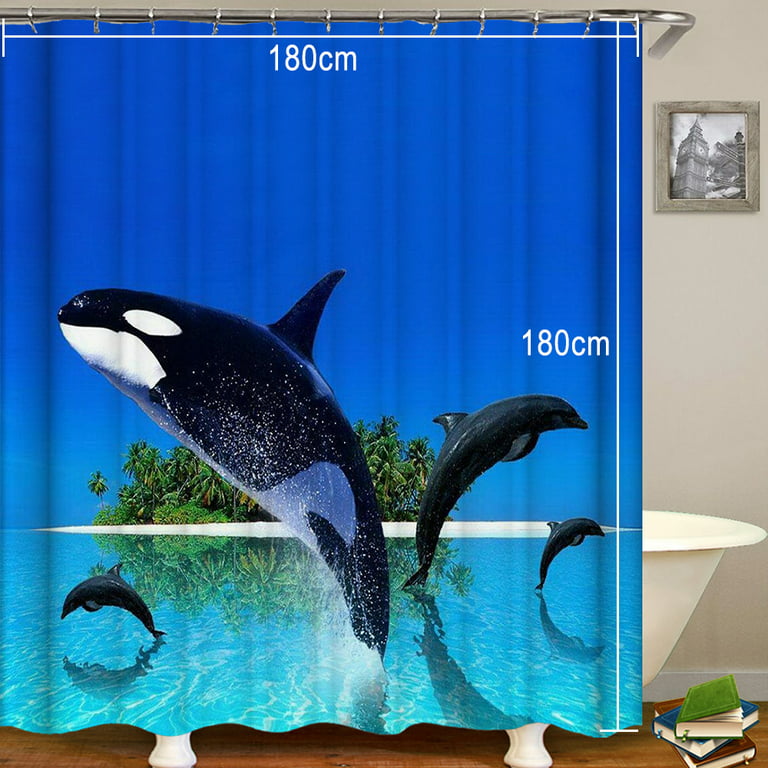 CUH Dolphin Bathroom Shower Curtain, Blue Underwater World 70.86 x 70.86  Inch Polyester Fabric Kids Ocean Theme Bathroom Decor Set with 12 Hooks 