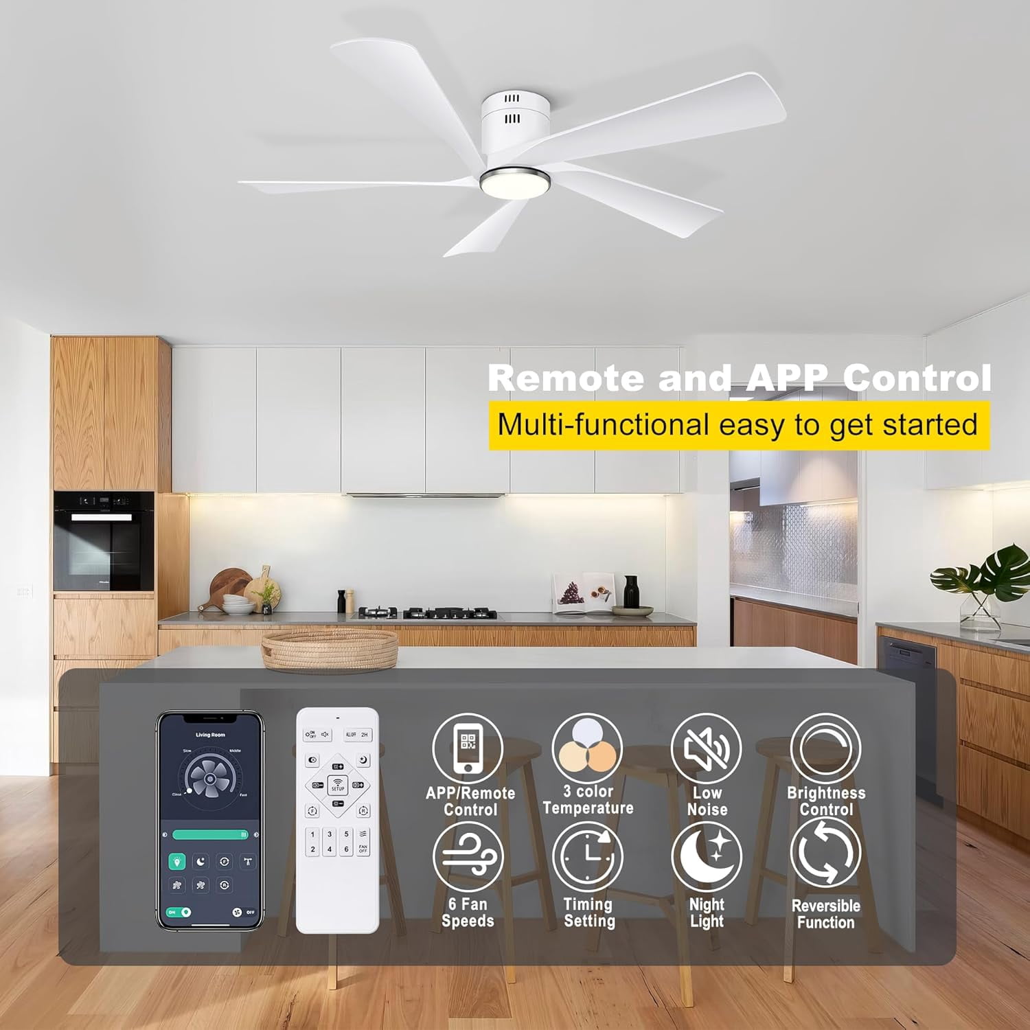 Ohniyou 52" Flush Mount Ceiling Fan with Lights and Remote Farmhouse Indoor Outdoor Ceiling Fans for Patio Living Room, White