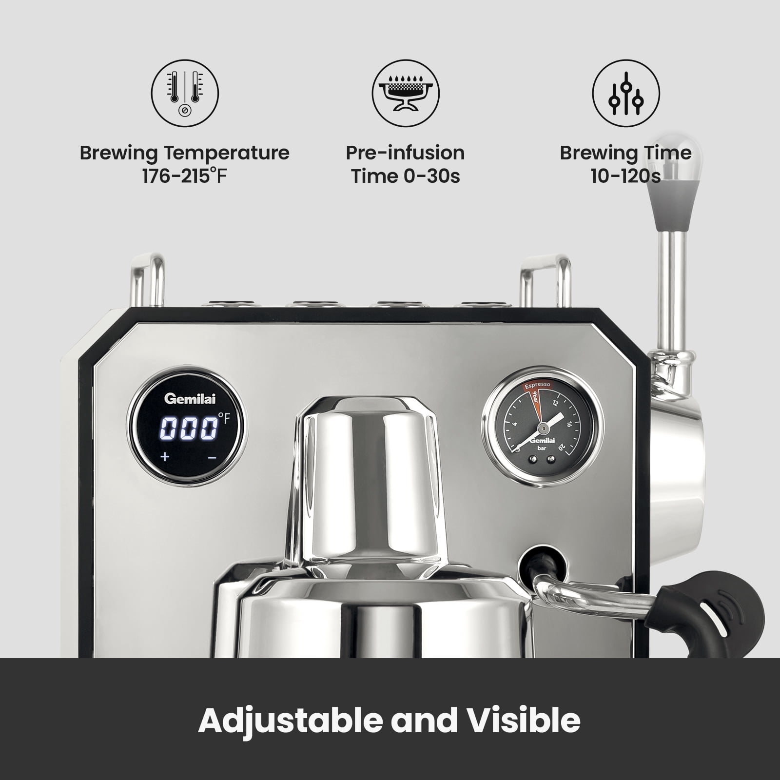 Gemilai G3006 Owl 15-Bar Semi-Auto Espresso Machine, Dual Display, Milk Frother, 57oz Tank, Stainless Steel Coffee Maker