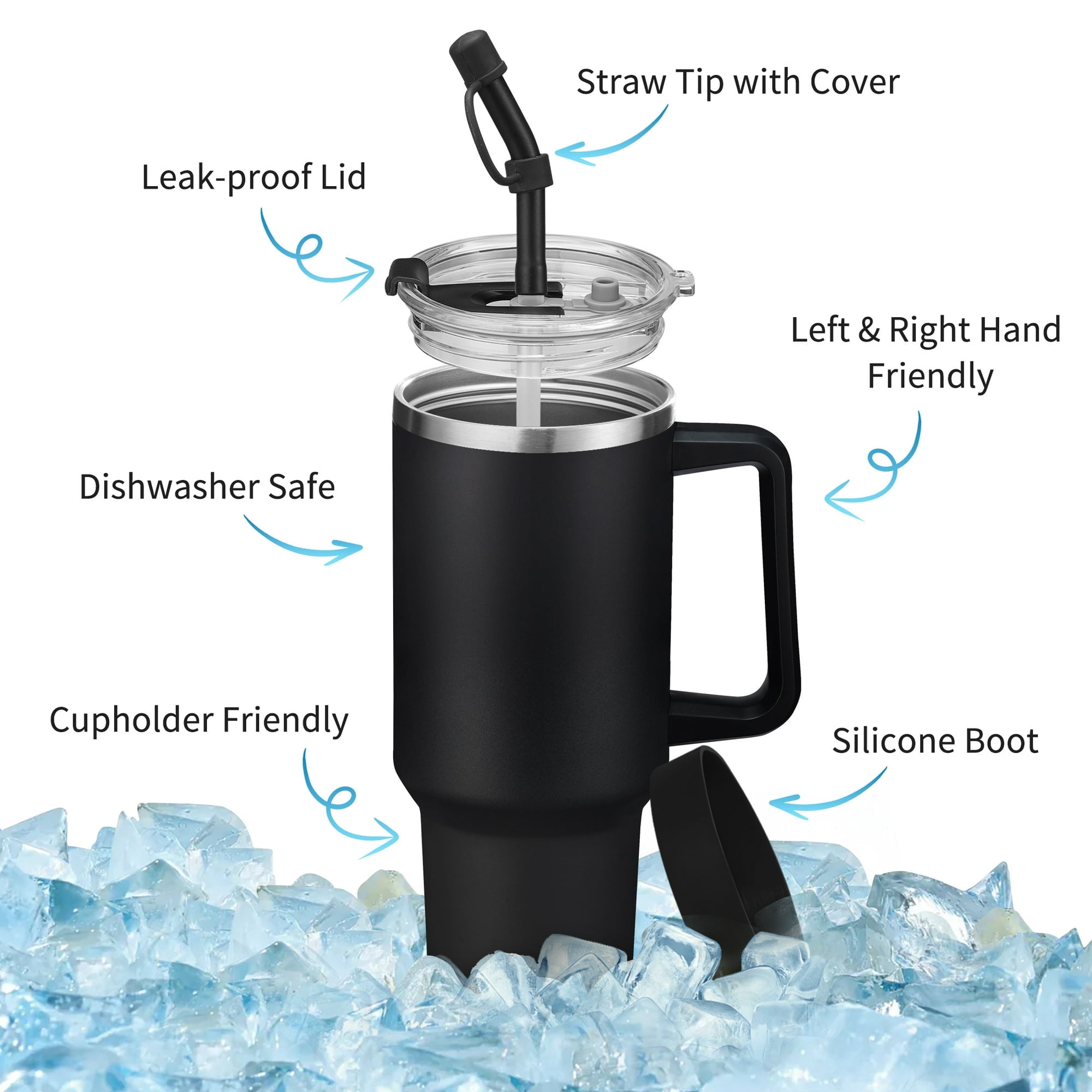 Tumbler with Handle & Straw 40oz - Insulated Water Bottle Stainless Steel Travel Coffee Mug 40 oz,100% Leak-proof Dustproof for Car Cup Holders (Black)