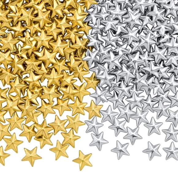 PAGOW 800 piezas de tachuelas de estrellas con parte trasera plana para planchar con calor, pegamento plano de 1/4 pulgadas en tachuelas (oro y plata, 0.315 x 0.315 in)