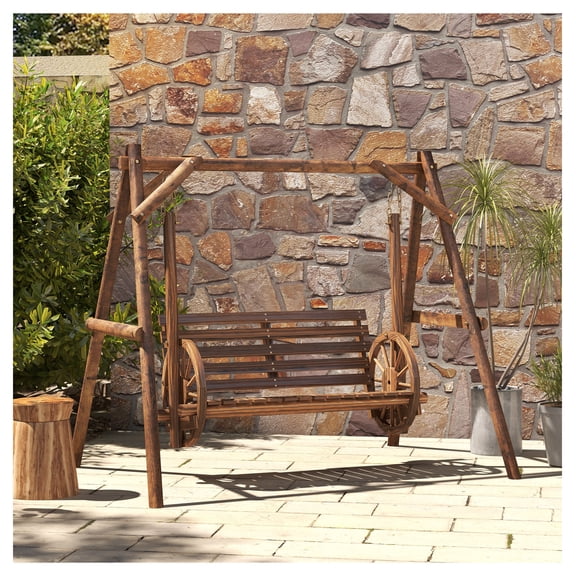 2-Seat Porch Swing with Stand - Wooden Patio Swing Chair - Wagon Wheel Armrests - Carbonized Brown - Outdoor Loveseat Bench