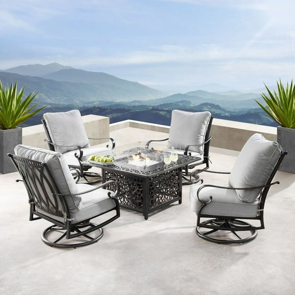 5-Piece Gray and Black Outdoor Patio Square Fire Table with Deep Seating Swivel Rocking Chairs 42"