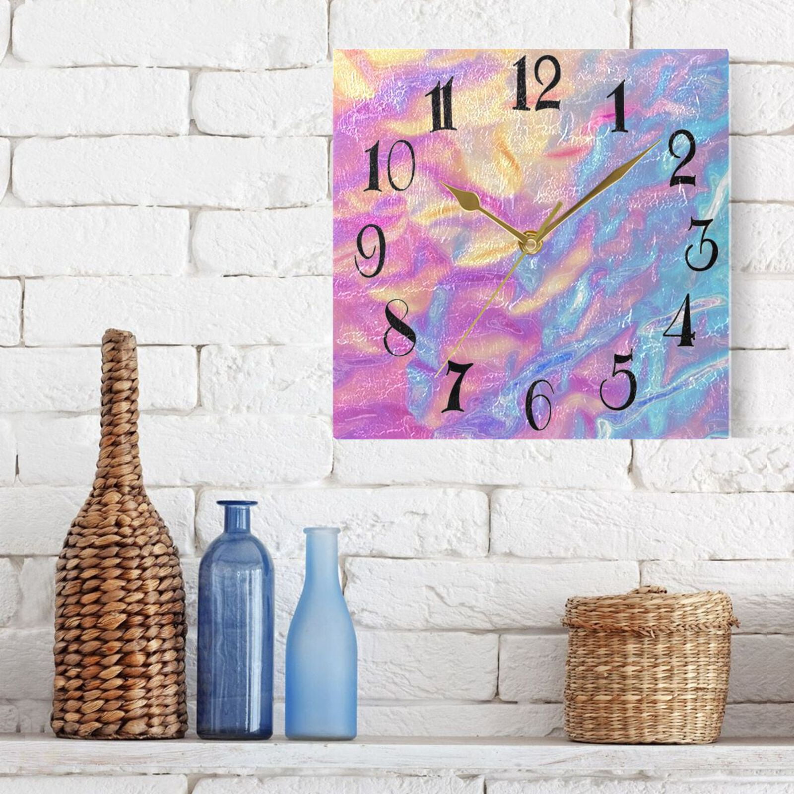 Colorful Hologram Waves Wall Clock Decorative Square Silent Non-Ticking Operated Clocks Aesthetic for Bedroom Living Room