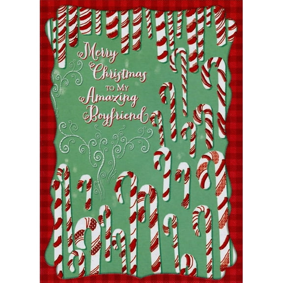 Designer Greetings Candy Canes with Red Foil Stripes on Light Green Boyfriend Christmas Card