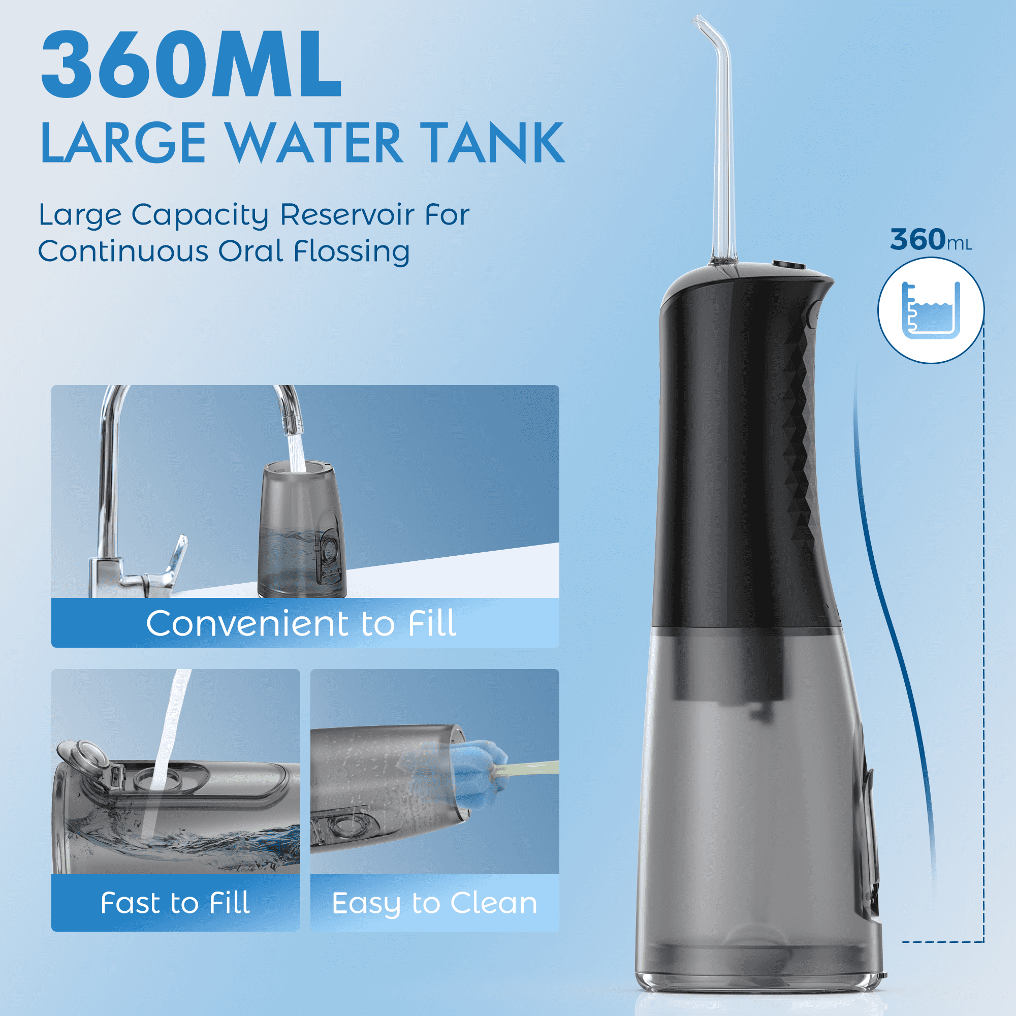 VIIWII Portable Water Flosser – 360ML Oral Irrigator for Teeth & Braces, IPX7 Waterproof, Rechargeable Dental Cleaner with 5 Nozzles, Black