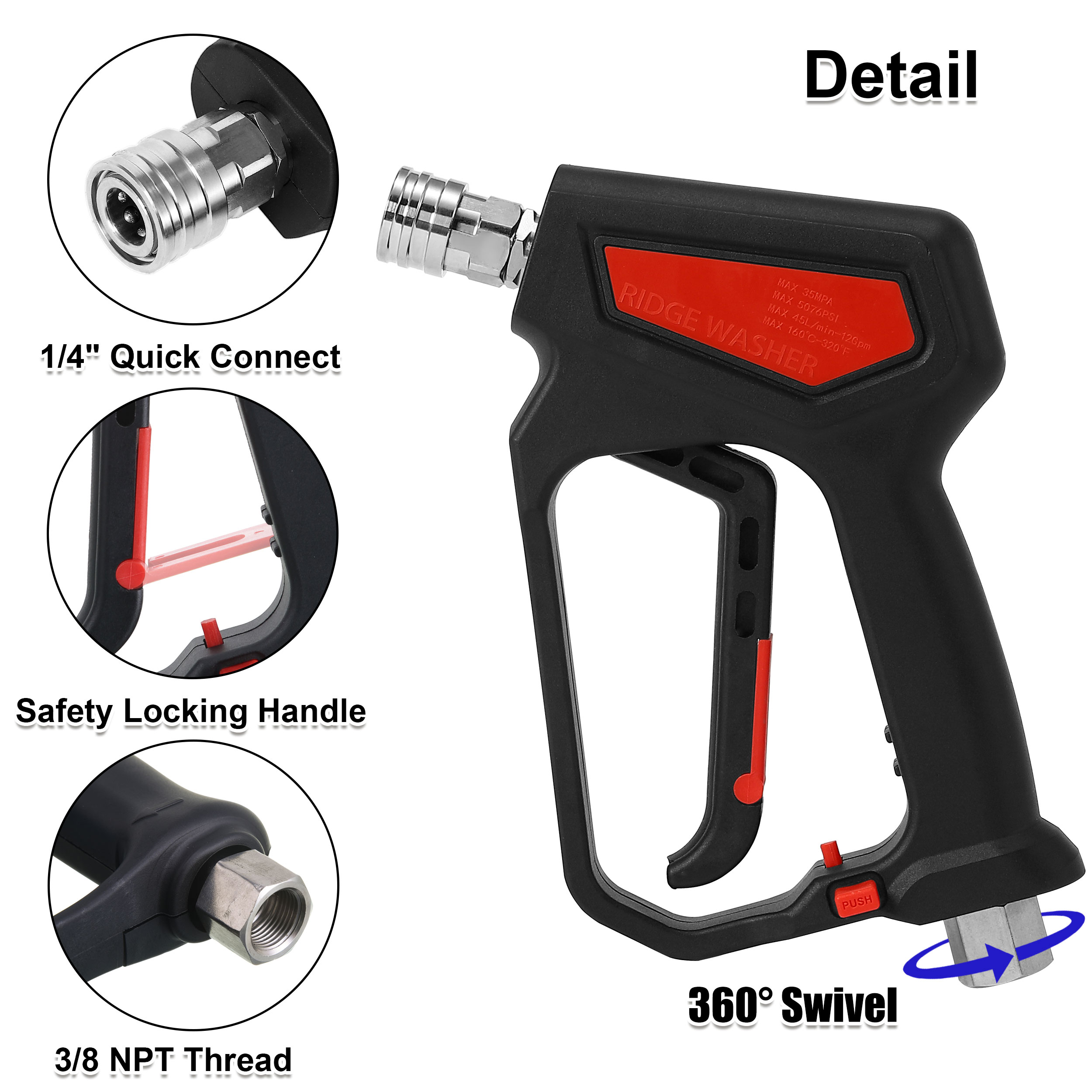 RIDGE WASHER Pressure Washer Gun 5000 PSI, 12 GPM, High Pressure Spray Gun with 1/4" Quick Connector, 3/8'' Quick Connect, M22-14mm and M22-15mm Fitting