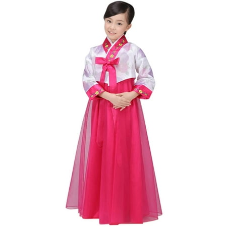 CRB Fashion Girls Traditional Kids Korean Hanbok Outfit Dress Costume (120cm, White/Dark Pink)