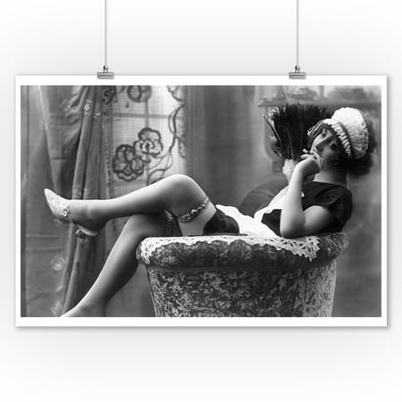 Pin-Up Girl in French Maid Outfit Smoking and Sitting- Vintage Photograph (9x12 Art Print, Wall Decor Travel Poster)