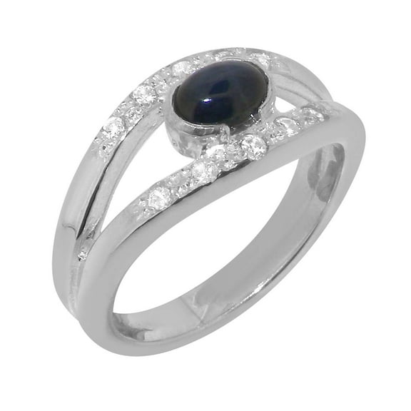 LBG British Made 925 Sterling Silver Natural Sapphire & Cubic Zirconia Womens Band Ring - 33 size options - Size 10