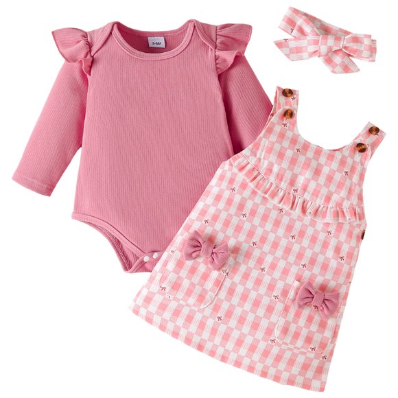 Splozh Baby Christmas Outfit Baby Girl Outfits Ruffle Long Sleeve Ribbed Romper Corduroy Suspender Skirt Overall Dress Fall Clothes Red,3-6 Months