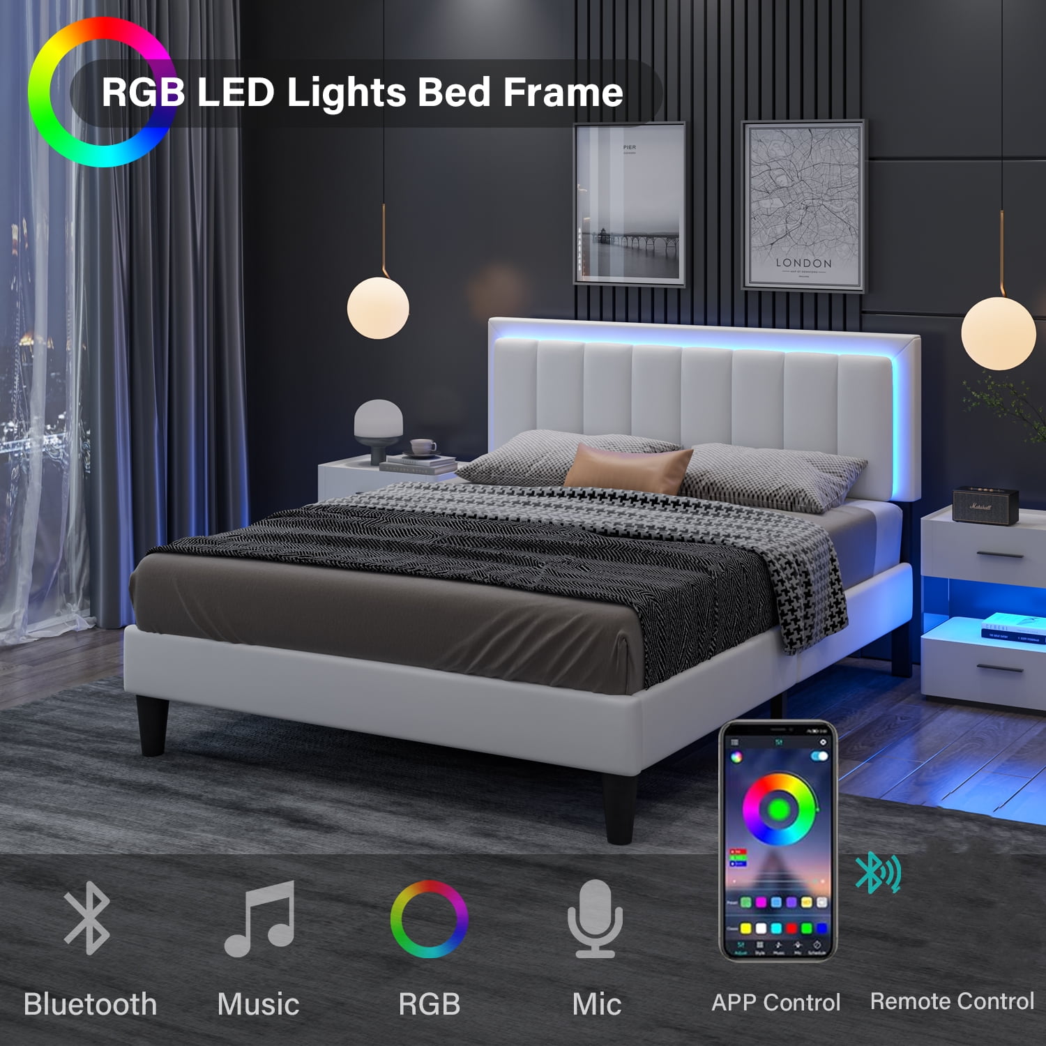 4 EVER WINNER Full Bed Frame with LED Light, Upholstered Platform Bed Frame with Headboard, White