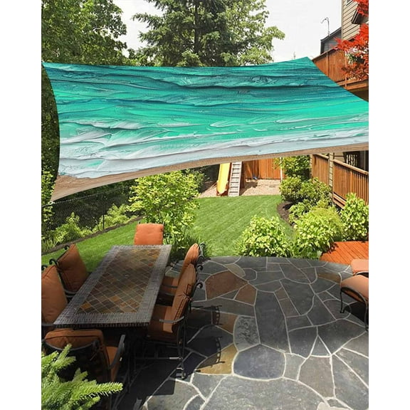 Sun Shade Sail 8x10Ft Ombre Teal Beach Wave Oil Painting Style Uv Block Sunshade Canopy Outdoor Shade Cover Rectangle Shade Cloth For Patio Garden Yard Deck Pergola