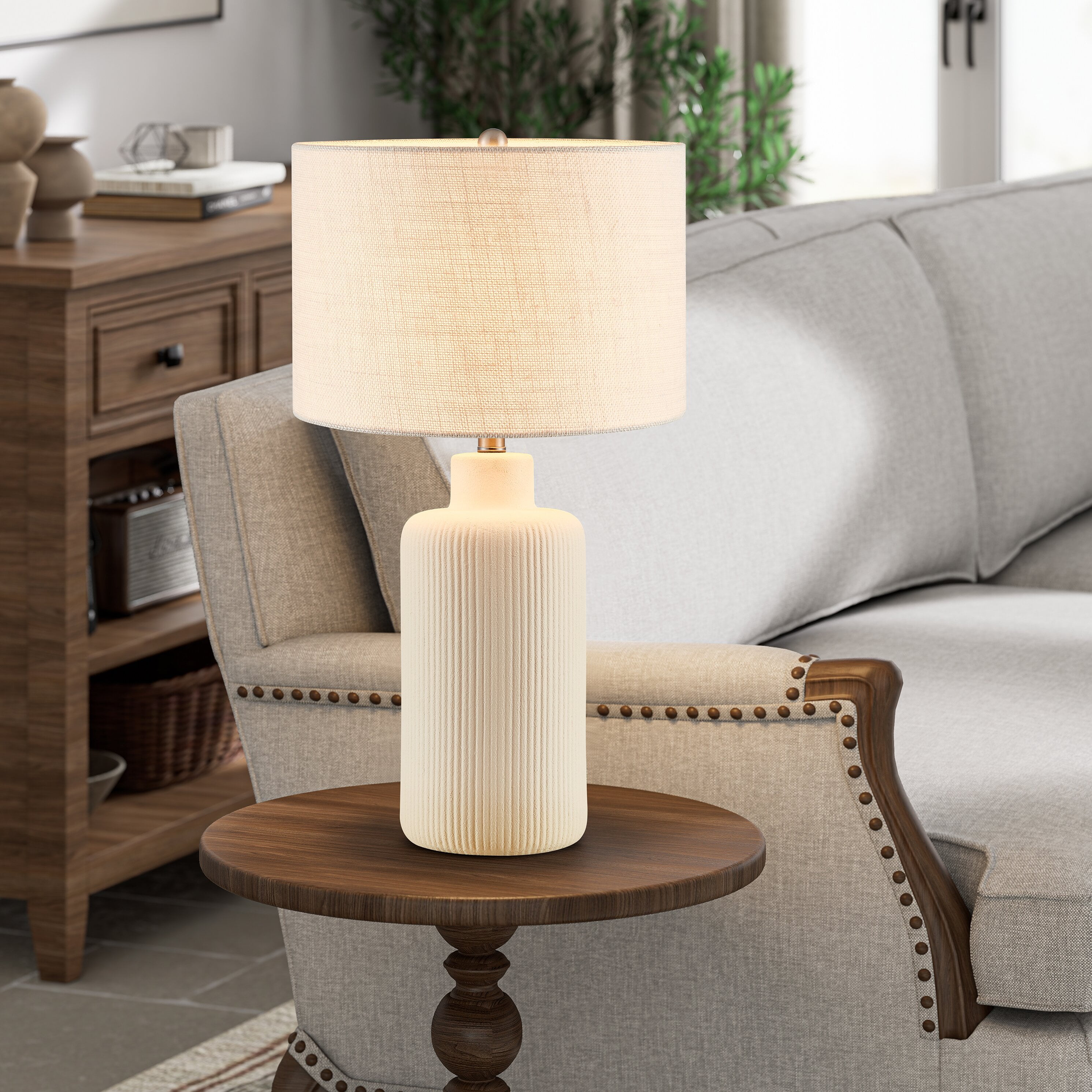 Kyrid 25.25'' Cream Ceramic Table Lamp for Living Room with Beige Linen Shade