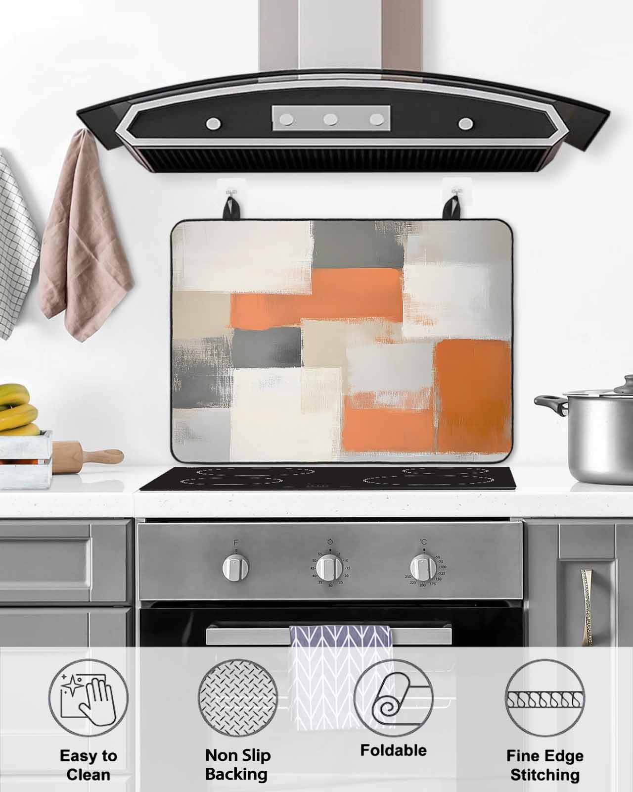 nqOlkjepod Large Induction Cooktop Protector Mat 24"x21", Orange Beige Geometric Stove Top Covers for Electric Stove, Abstract Grey Oil Painting Stove Burner Cover Mats, Glass Top Stove Cover