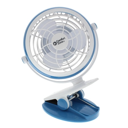 UPC: 0070792001950 | Comfort Zone 4” USB or Battery Powered Dual Base Combo Clip-on or Desk Fan  Single Speed Setting  Adjustable Tilt  Lightweight  Blue