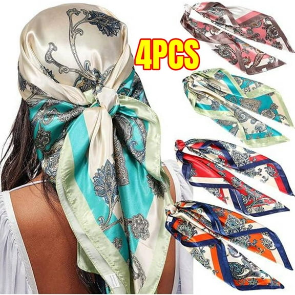 35” Satin Large Square Head Scarves - 4PCS Silk Like Neck Scarf Hair Sleeping Wraps Satin Silk Scarfs for Women