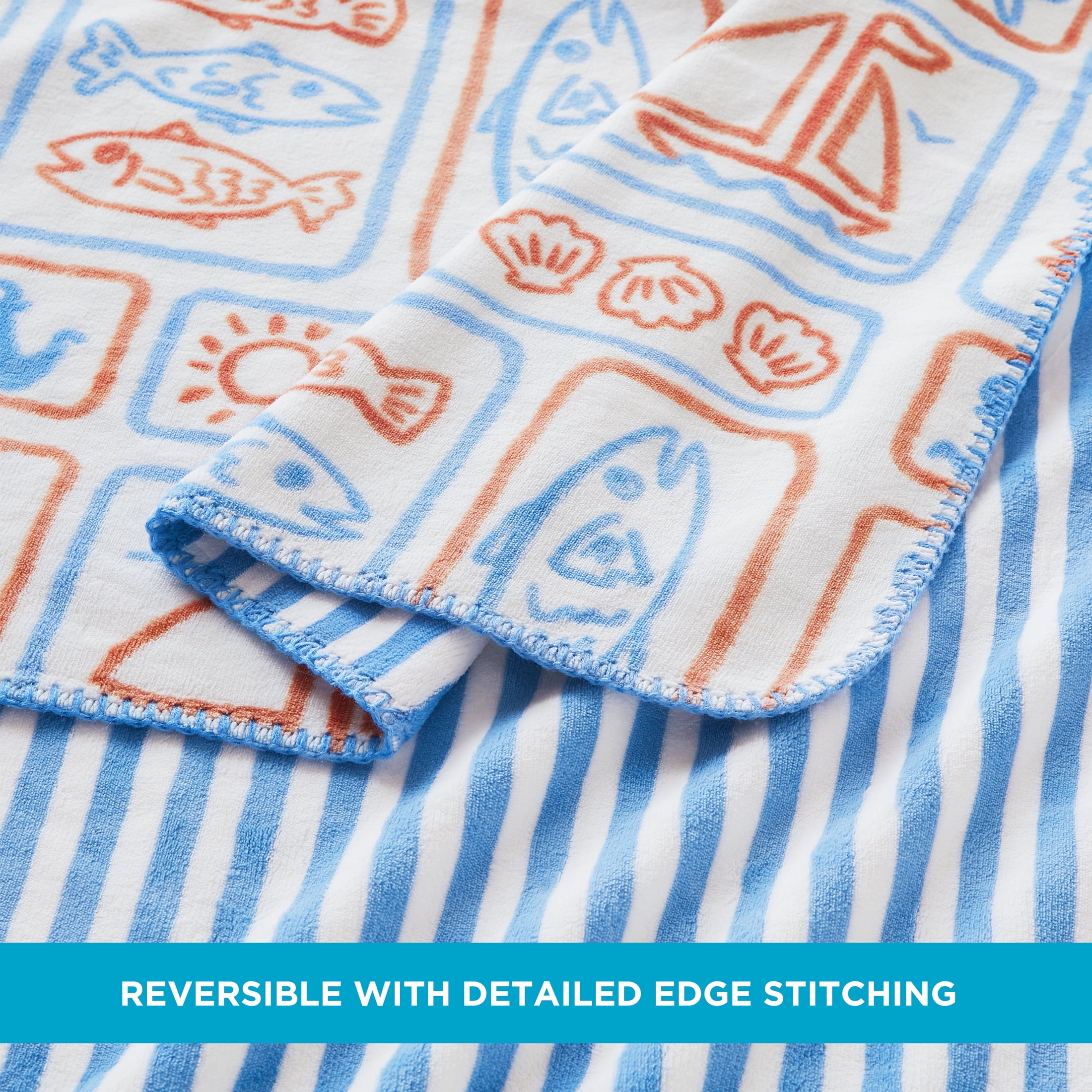 Coastal Living Throw Blanket, Reversible Plush Fleece Blanket for Couch, Blue & Orange Print, 50" x 72"