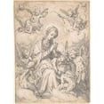 thumbnail image 2 of Friedrich Sustris 12x14 Gold Ornate Wood Frame and Double Matted Museum Art Print Titled - The Virgin and Child Surrounded by Little Angels in the Clouds (ca. 1590), 2 of 4