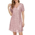 thumbnail image 2 of Daiosportswear Women'S V Neck Sequin Sparkly Short Sleeve Tunic Tshirt Dress Loose Glitter Cocktail Party Mini Dress,Women'S Short-Sleeved Dress Pink 10(XL), 2 of 8