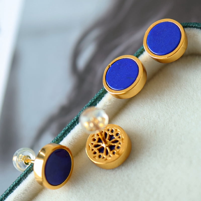 24K Gold Plated Lapis Lazuli Stud Earrings – Round Natural Blue Gemstone, Hypoallergenic Minimalist Geometric Jewelry for Women & Men with RTT Jewelry Box