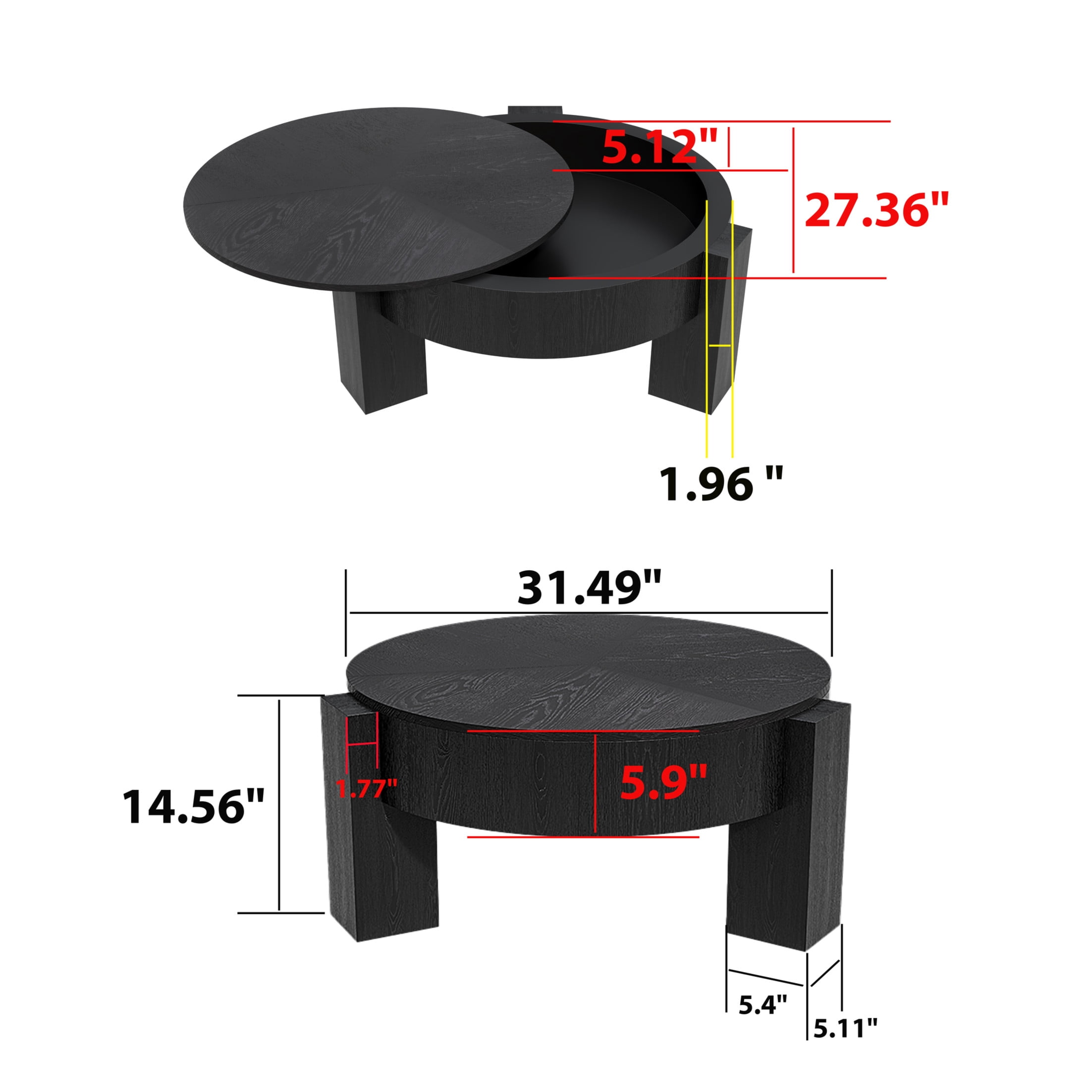 Noble House Lira 33" Round Coffee Table with Hidden Storage, Sturdy Accent Table for Living Room, Small Space, Black