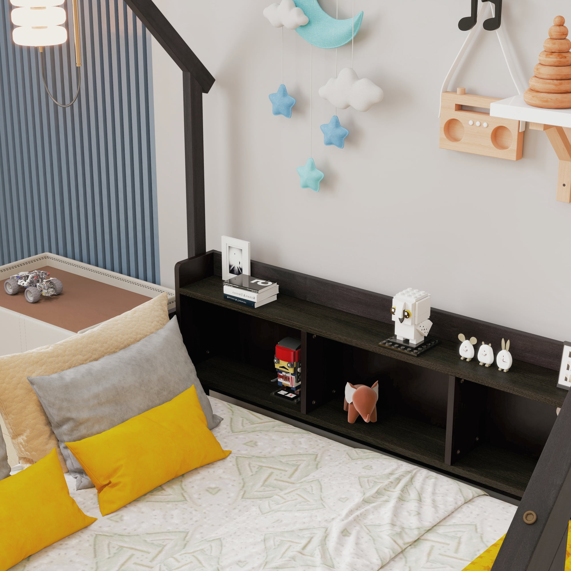 Leumius Full Size House Floor Bed with Storage Shelves,Built-in LED Lights & Charging Station,Pine Wood Floor Bed Frame with Safety Guardrails for Kids Bedroom Espresso