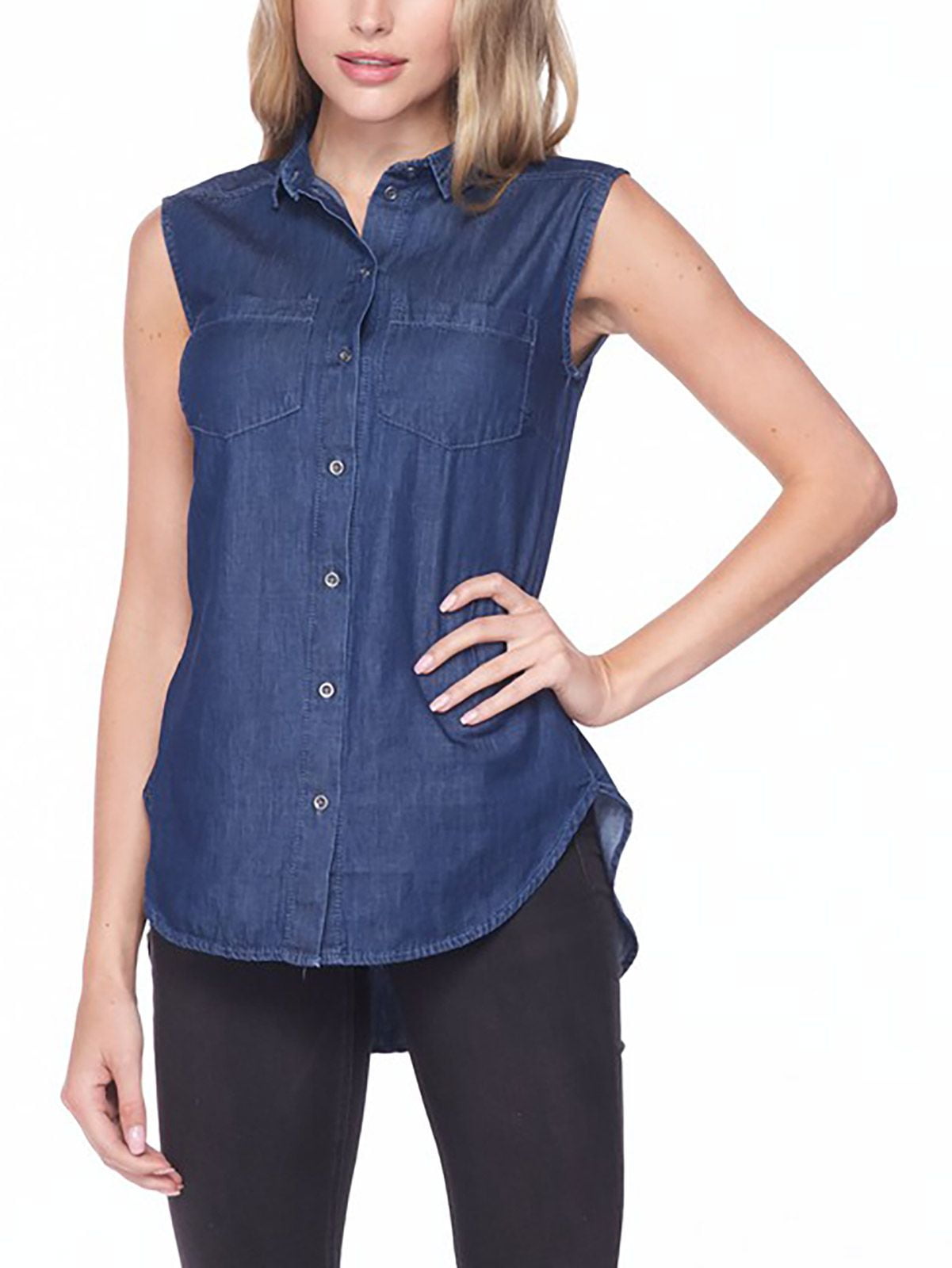 FashionMille - Women Sleeveless Button Down Hi-Low Hem Soft Chambray ...